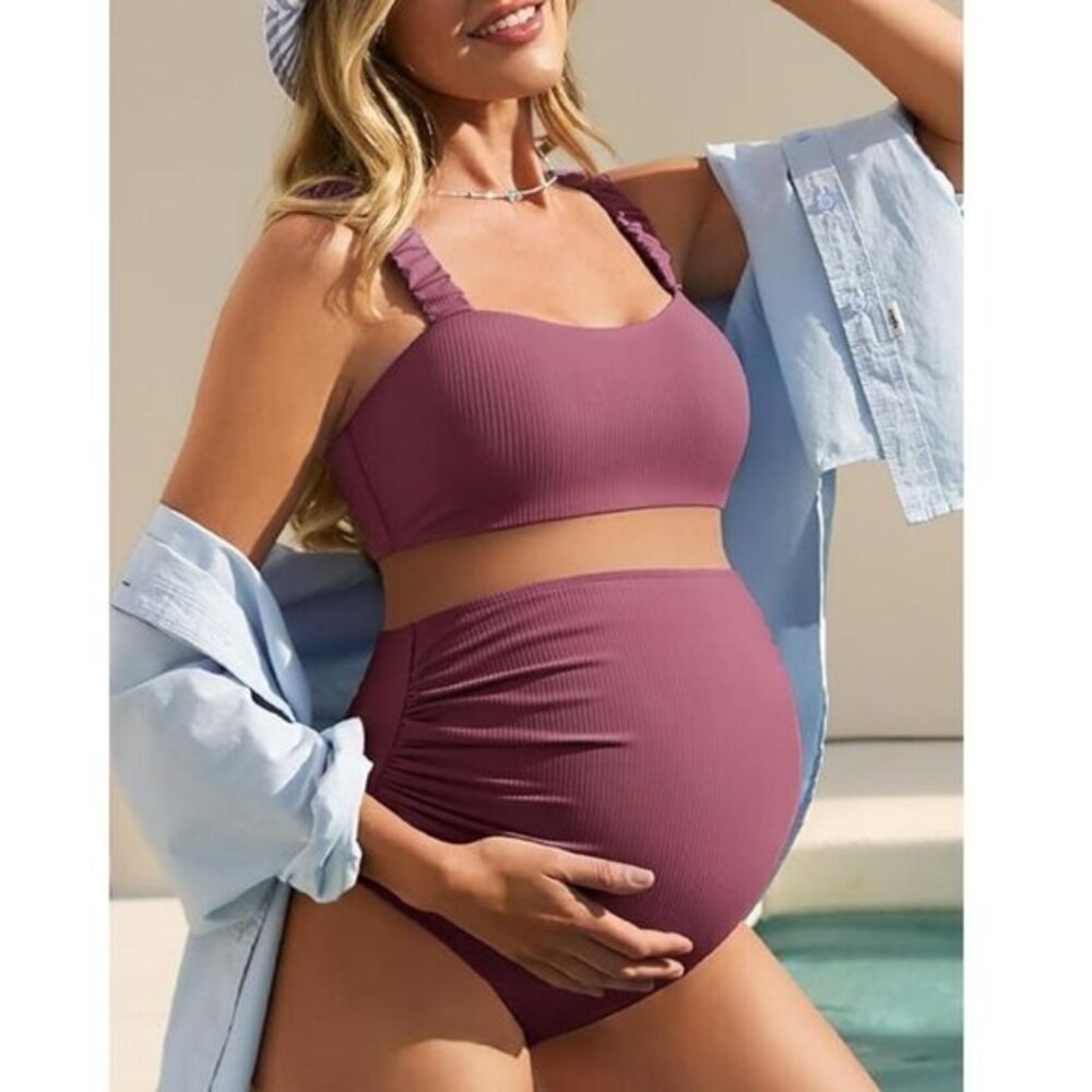 Summer Mae Ribbed Maternity Bikini Swimsuit High Waisted Size 12 NWT #2169